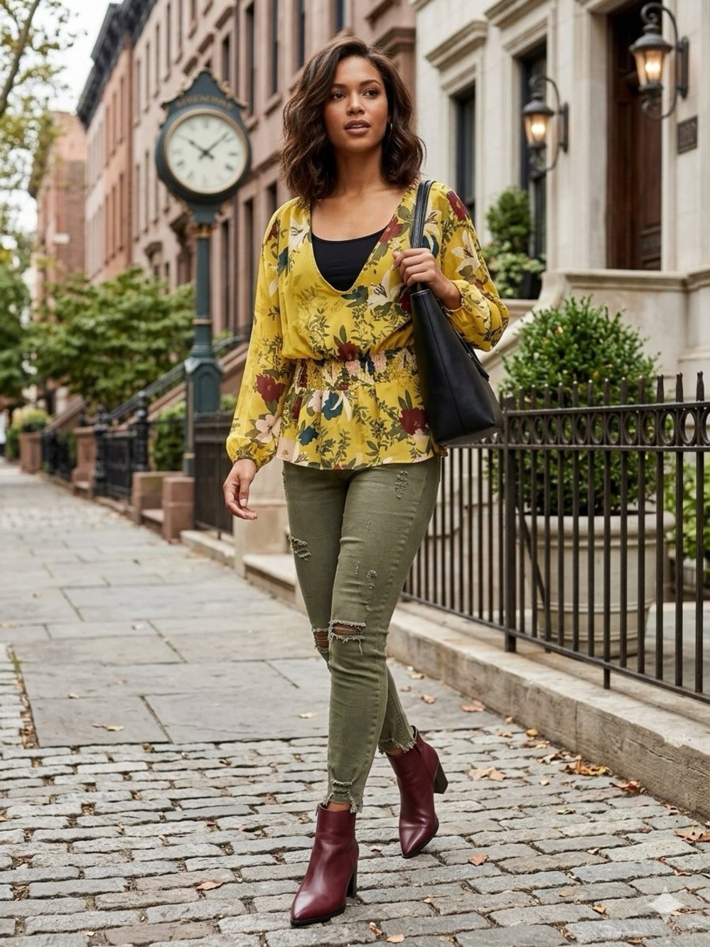 Vince Camuto Mustard Floral Peplum Blouse